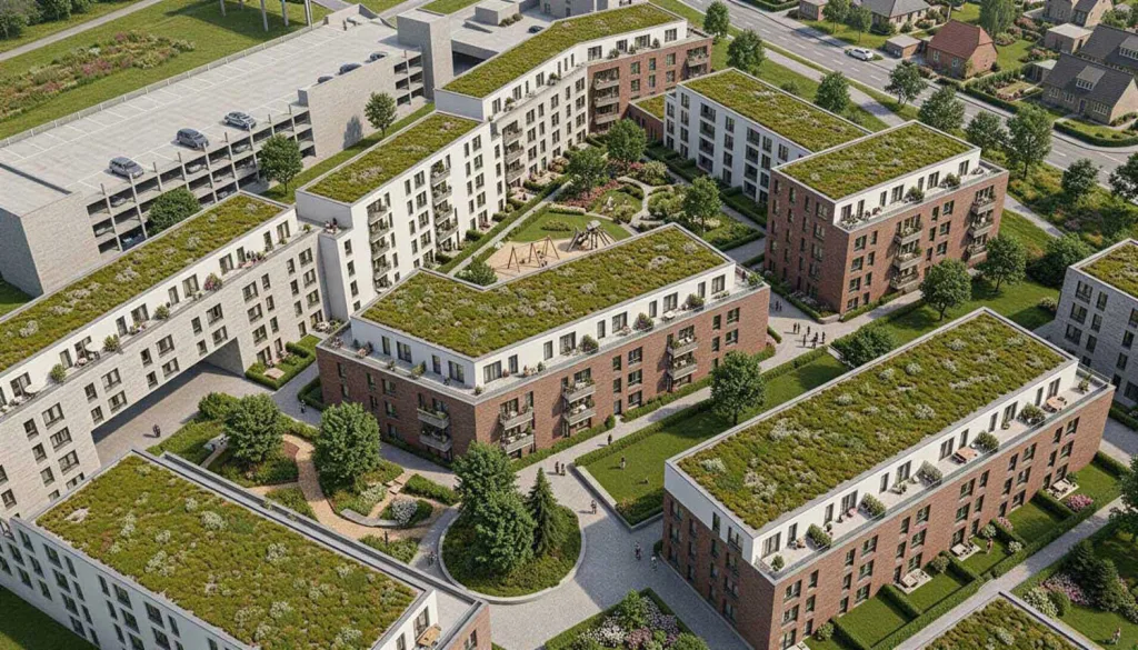 Luftbildvisualisierung der derzeitigen Lerchenpark-Rahmenplanung mit Wohnblöcken, begrünten Dächern und Parkhaus