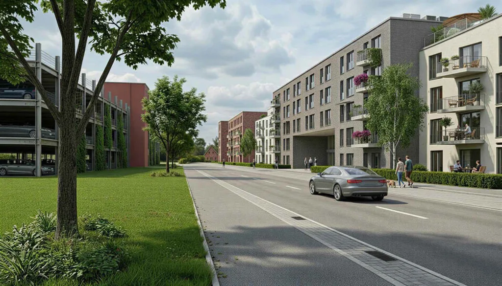 Straßenperspektive der derzeitigen Lerchenpark-Rahmenplanung mit Wohnhäusern, Fahrbahn und Parkhaus
