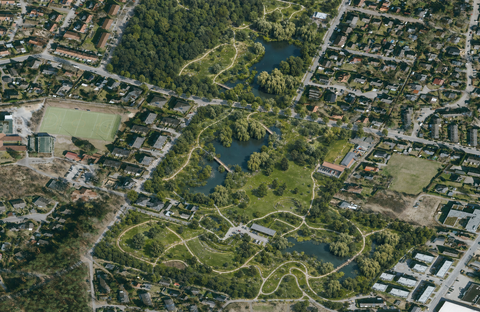 KI-Fotomontage des Rütgers-Parks aus einer echten amtlichen Luftaufnahme