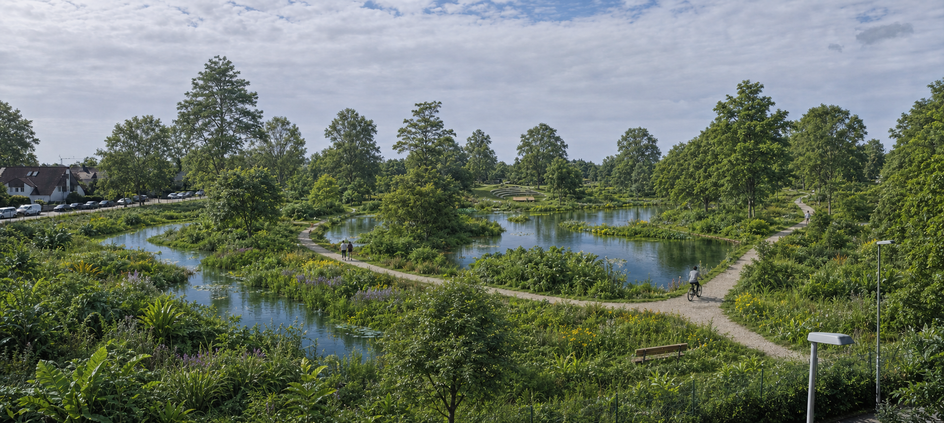 Üppige KI-Zukunftsvisualisierung desselben Standpunkts mit Wasserlandschaft und kleiner Amphibühne